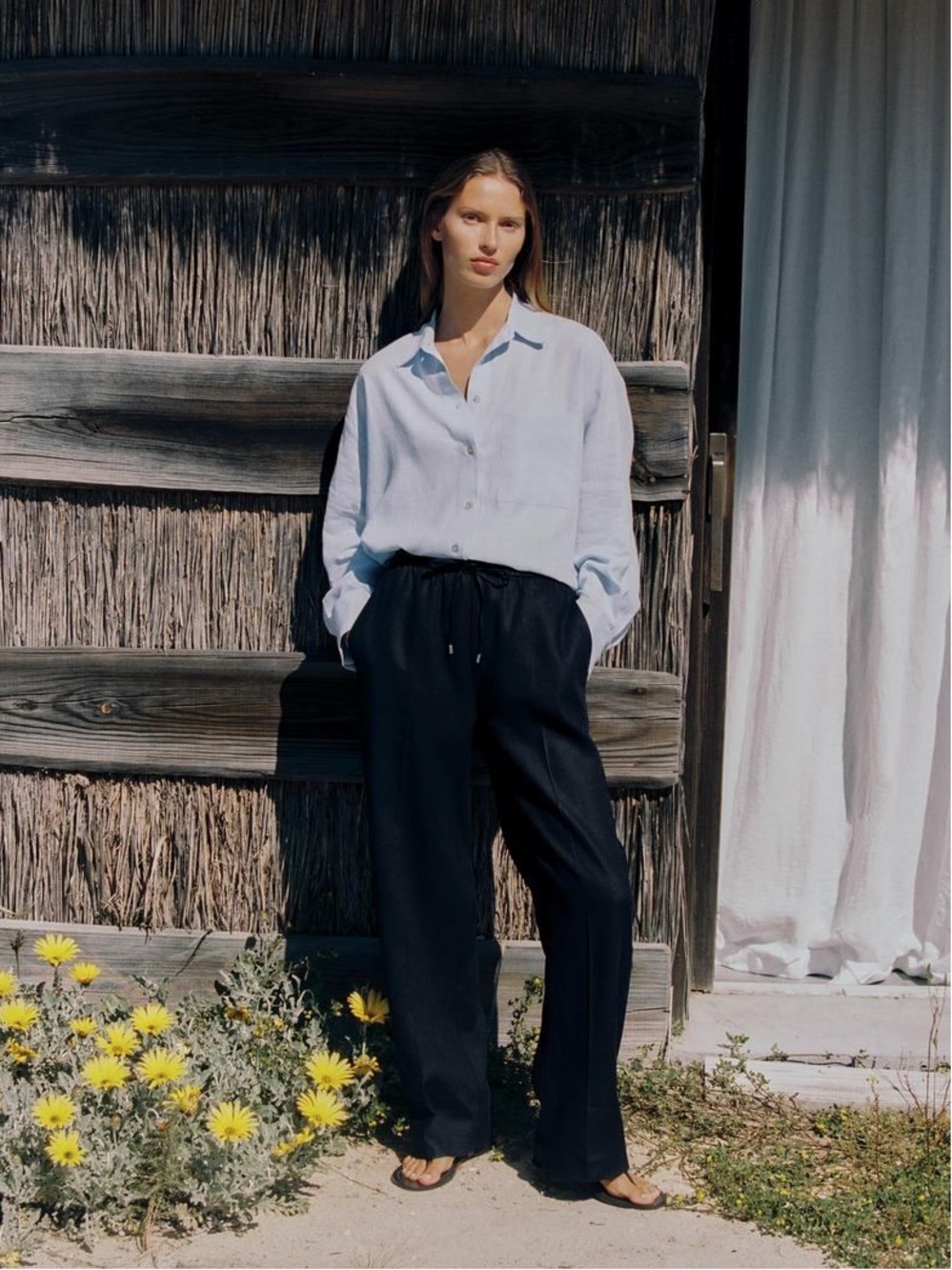 NWT Zara Linen Blend Straight Leg Pants in Black Size Medium